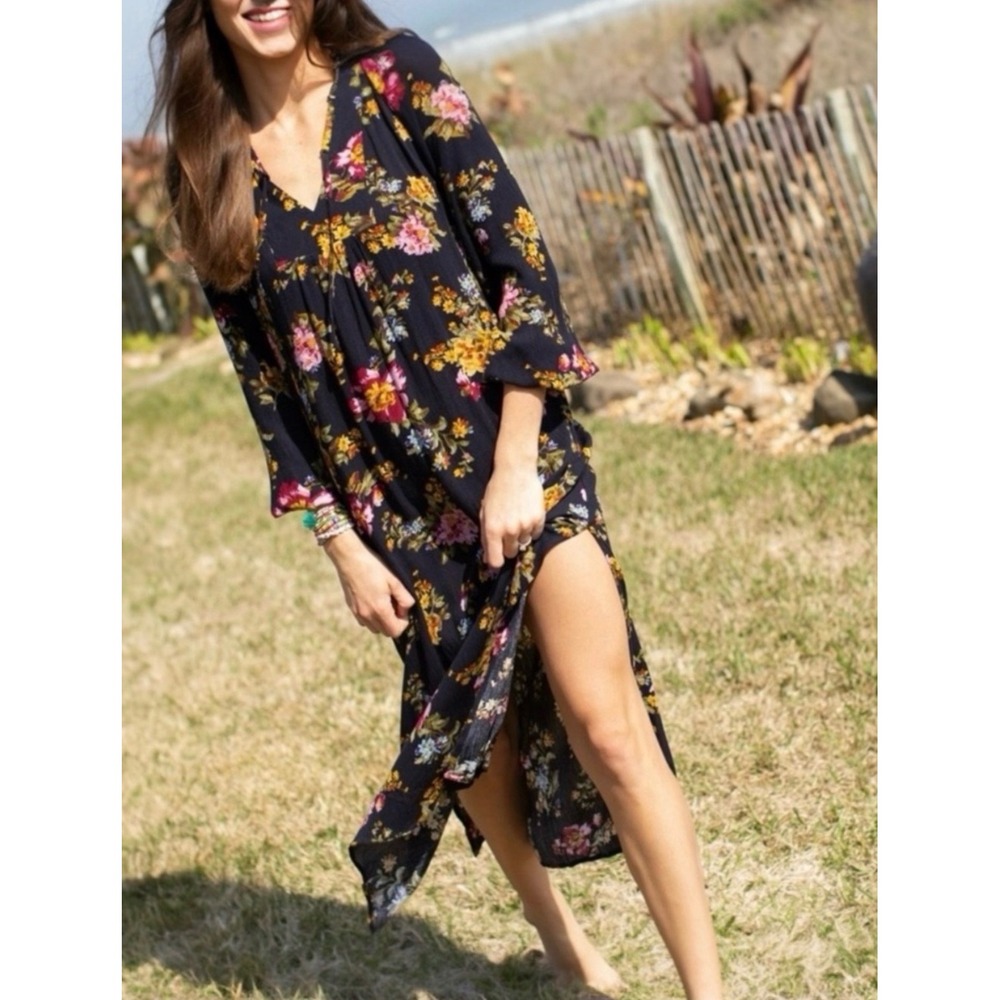 Natural Life Floral V-Neck Long Sleeve Maxi Dress Small Navy Boho Slit Side - Picture 2 of 8